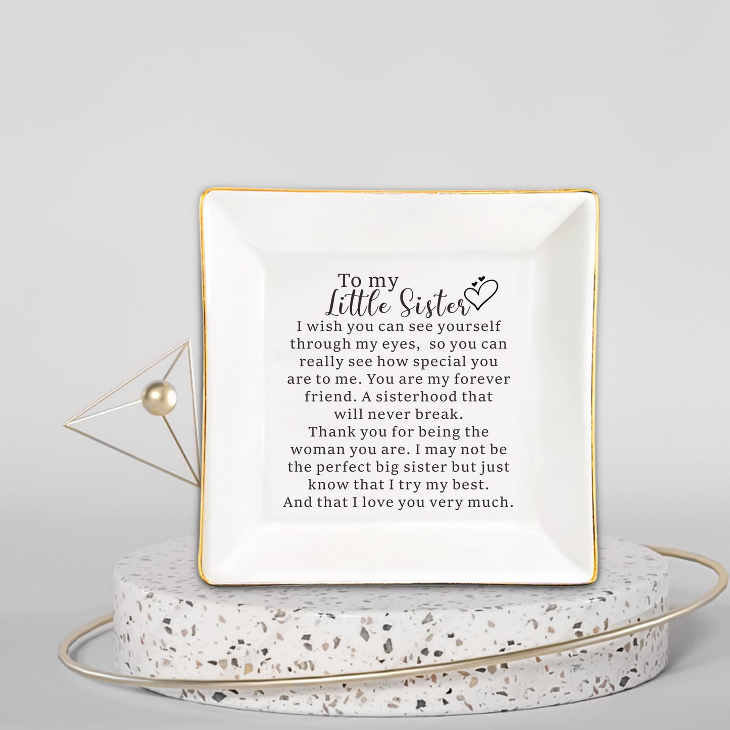 XJF To My Little Sister Ceramic Jewelry Dish, Friendship Gifts, Christmas Gift for Little Sister from Sisters, Happy Birthday Gifts for Little Sister