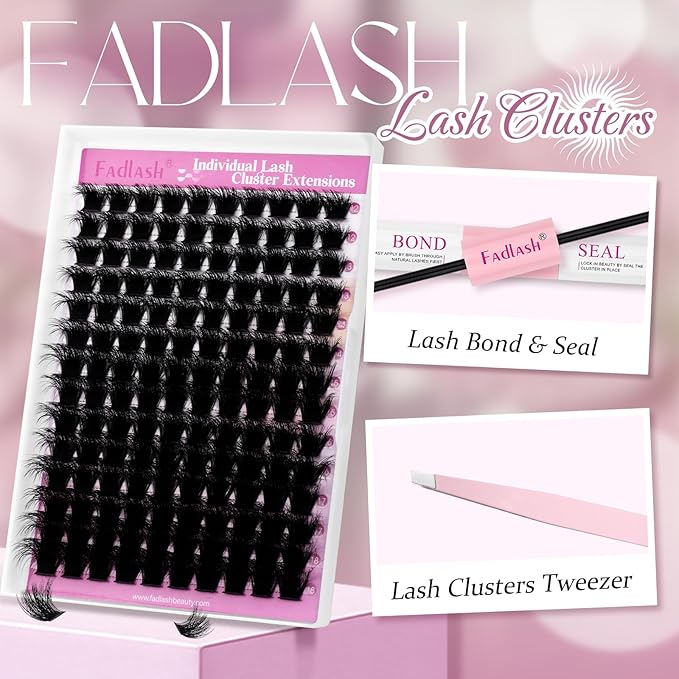 FADLASH Lash Extension Kit 200D Lash Cluster Kit DIY Eyelash Extension Kit with Lash Bond and Seal Lash Tweezers Natural Cluster Lashes Kit Individual Lashes 3D Effect (KIT, 200D-3D-07D-12-18mm)