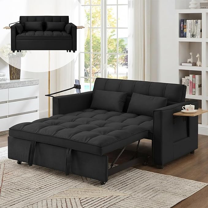 OjvZxqtbrnl Convertible Sofa Bed, Pull Out Couch with 3-Position Reclining Backrest, Modern Velvet Upholstery Futon Sofa Bed, Loveseat Couch for Living Room, Apartments & Guest Rooms (Black-L)