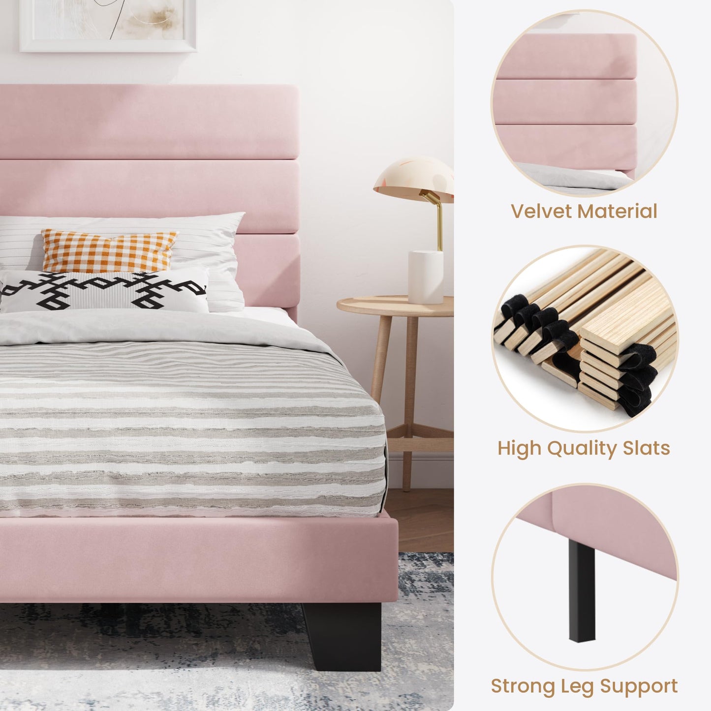 SHA CERLIN Twin Platform Bed Frame with Velvet Upholstered Headboard, Mattress Foundation with Strong Wooden Slats Support, No Box Spring Needed, Pink
