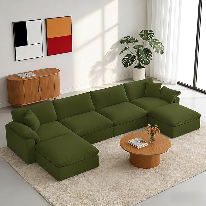 Forest aesthetics Modern Modular Sectional Sofa U-Shaped 6-Seat with Ottoman,Green-Extra Comfty Deep Seat Couch for Living Room,Apartment,Office & Small Spaces