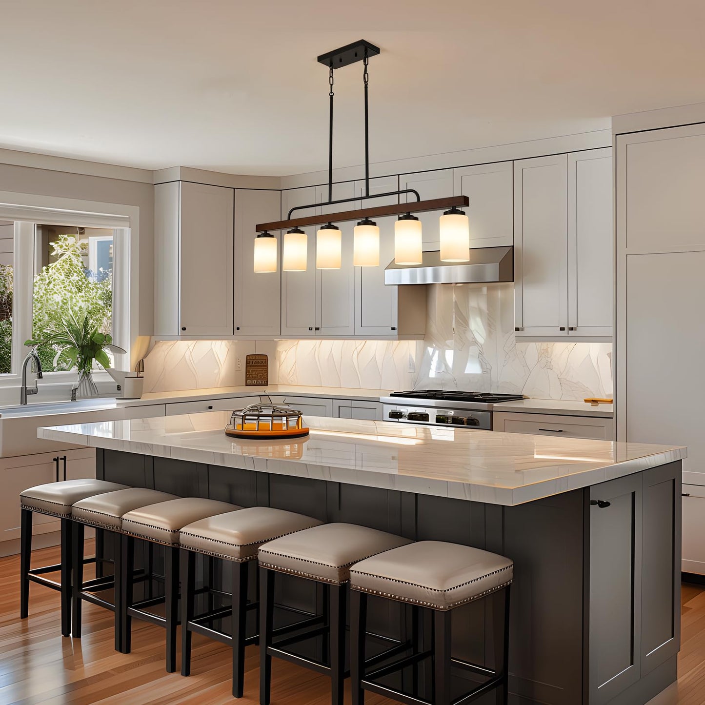 Farmhouse Dining Room Light Fixture Over Table, Black 6-Light Wood Kitchen Island Lighting with Milk White Glass, Industrial Linear Chandelier Pendant Lights
