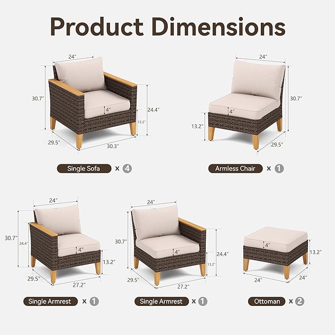 GREEN PARTY 9 Pieces Wicker Patio Furniture Set, All-Weather Outdoor Rattan Patio Sectional Sofa Conversation Set with 4" Thick Cushions for Garden, Backyard, 2 x Ottomans
