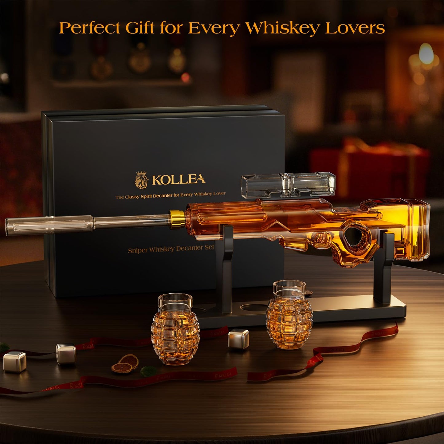 Birthday Gifts for Men Dad, Kollea Gun Whiskey Decanter Sets for Men with 2 Granade Glasses & Detachable Scope, Liquor Dispenser for Home Bar, Military Present for Father, Brother, Him, Anniversary