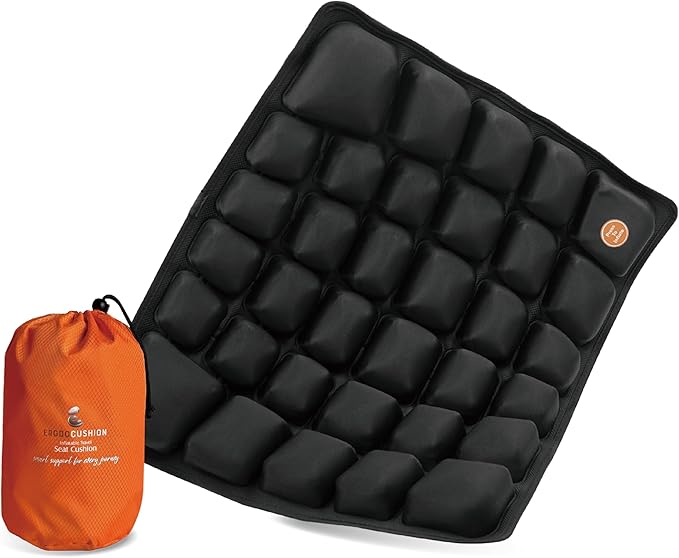 ERGOOCUSHION Inflatable Seat Cushion for Airplane & Travel – Portable Inflatable Pad with Built-in Pump, Adjustable Firmness, Tailbone & Back Pain Support, Carry Bag Included