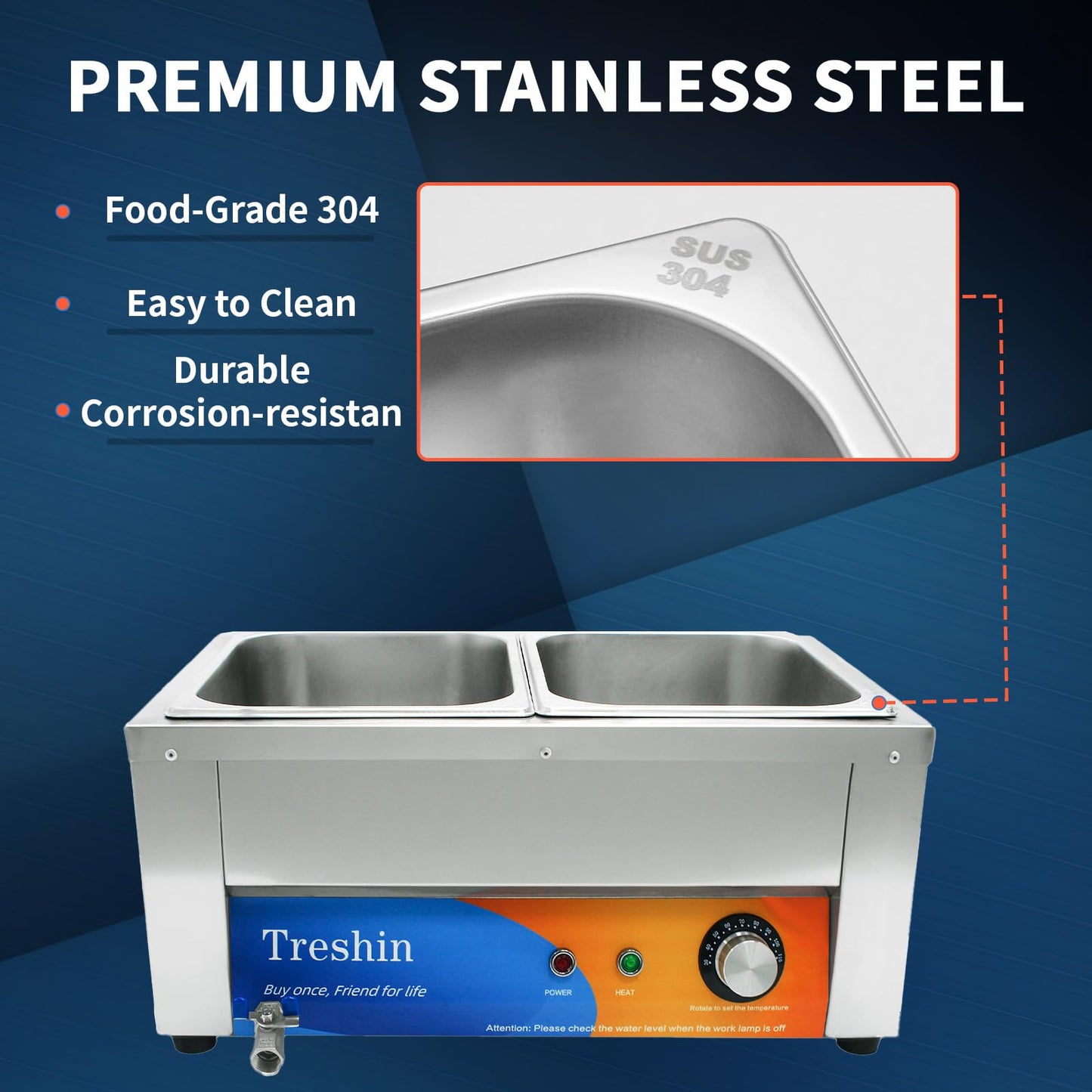 Treshin 2 Pan Commercial Food Warmer 21 Qt Capacity 1200W Stainless Steel Electrical Bain Marie Buffet Food Warmer Steam Table with Temperature Control & Lid for Home, Party, Catering, Restaurants