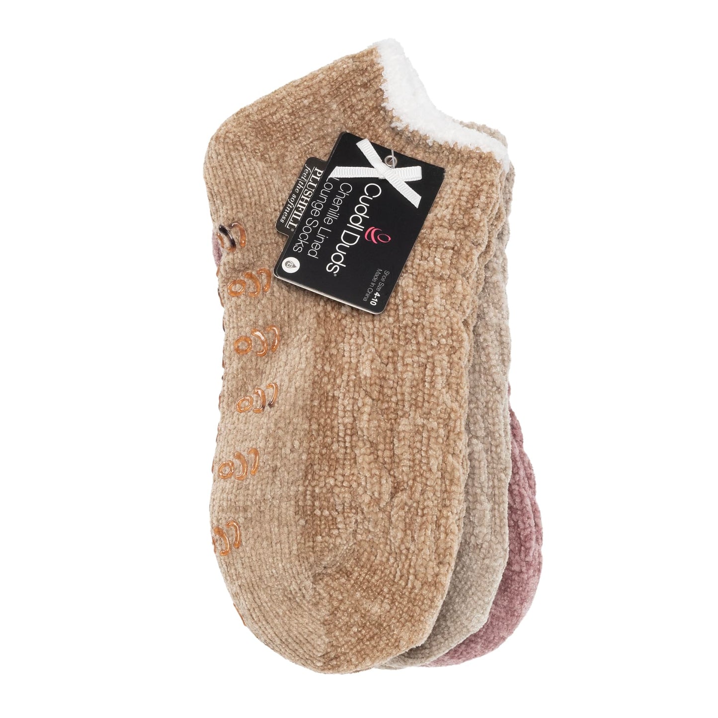 Cuddl Duds Women Cozy Lined Super Soft 3 Pair Pack Low Cut with Grippers Lounge Socks, Oatmeal