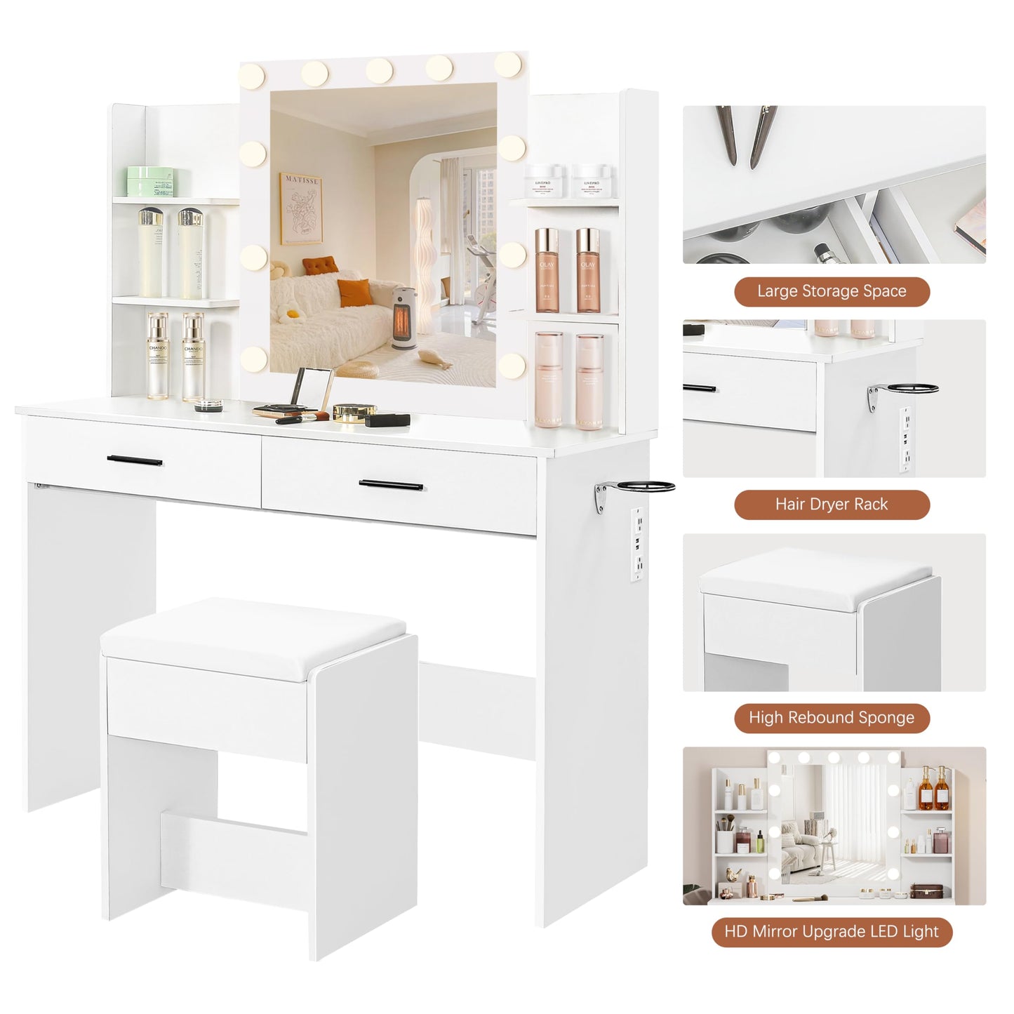 KAMABOKO Makeup Vanity with LED Lighted and Large Mirror, Vanity Desk with Drawers & Power Outlet, 3 Lighting Colors, Dressing Table with Cushioned Stool, White