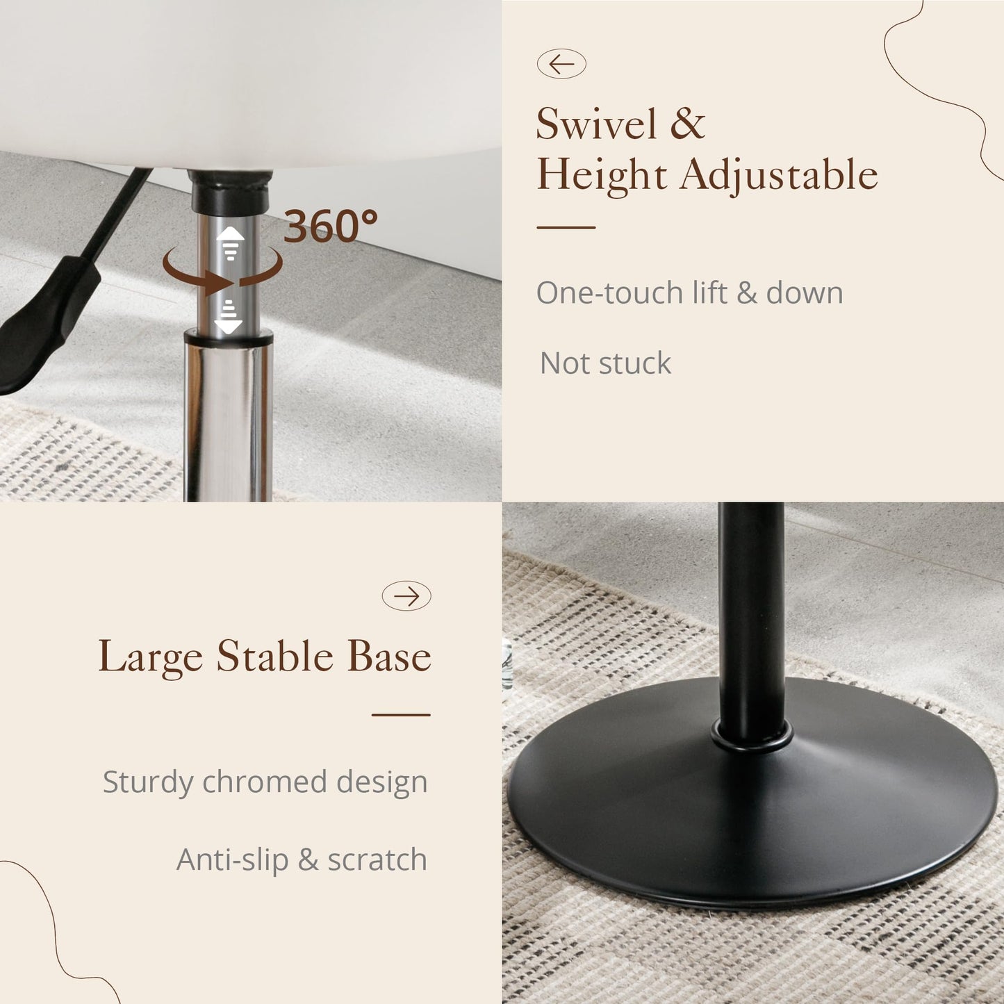 LUE BONA Adjustable Vanity Stool, 360 Swivel Chair for Makeup Room, White Faux Leather Stool for Bathroom & Living Room