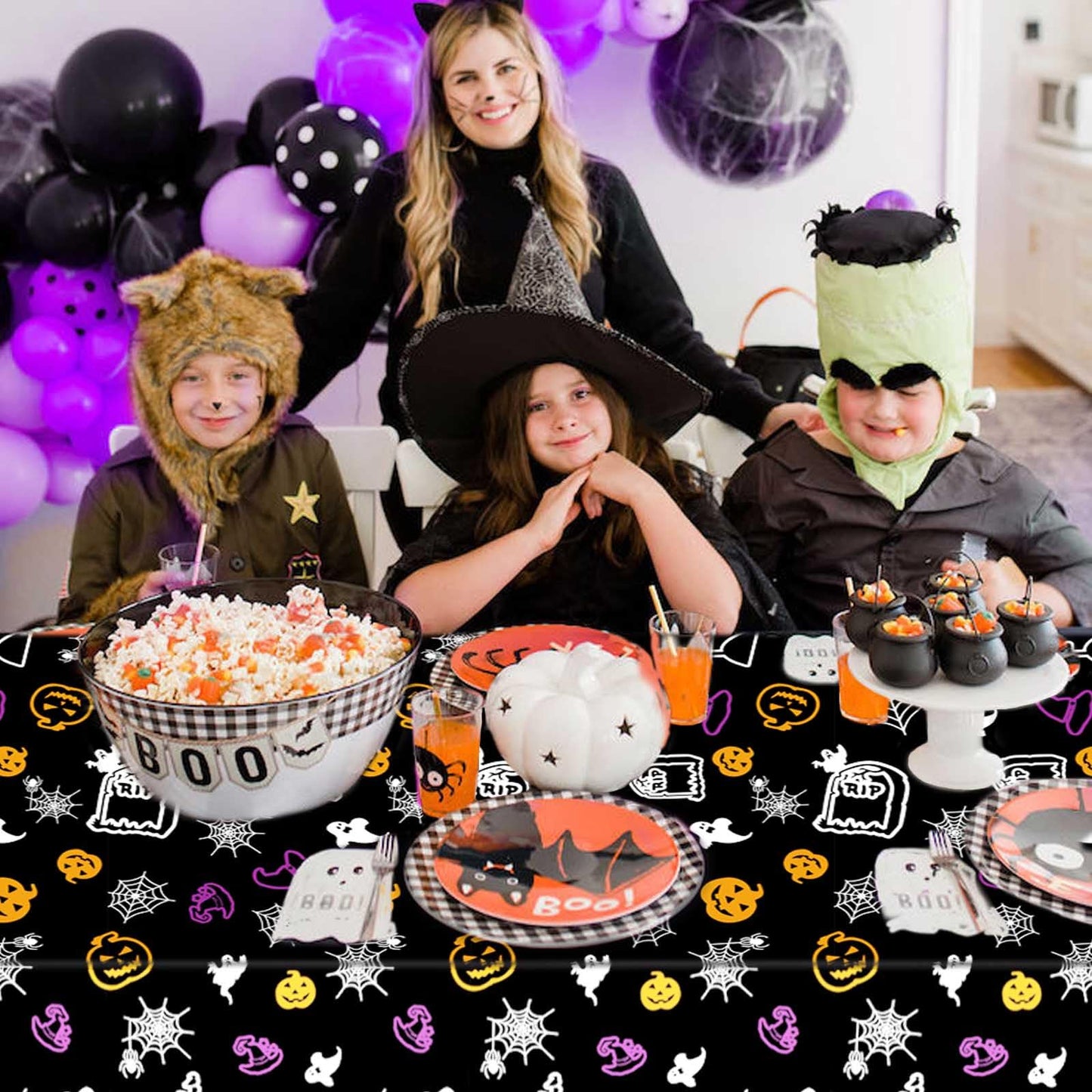 Plastic Spider Web Tablecloth - Disposable Halloween Table Cover for Haunted House Decorations - Black Rectangle - Tabletop Decor (54" x 108")