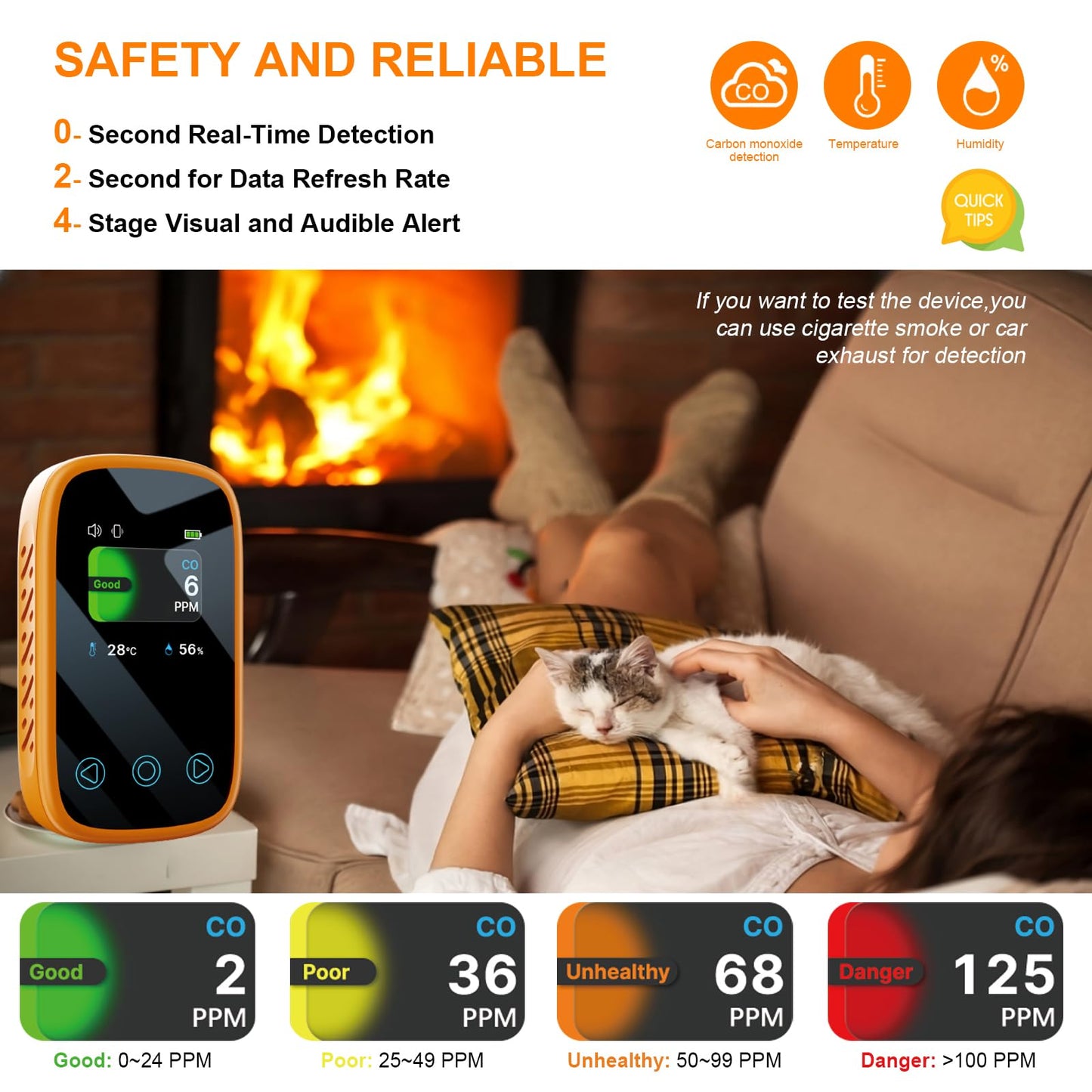 [3-in-1] Carbon Monoxide Detector | Humidity | Temperature, Portable Co Gas Monitor with Lanyard, Air Quality Sensor for Outdoor Camping Travel RV Car