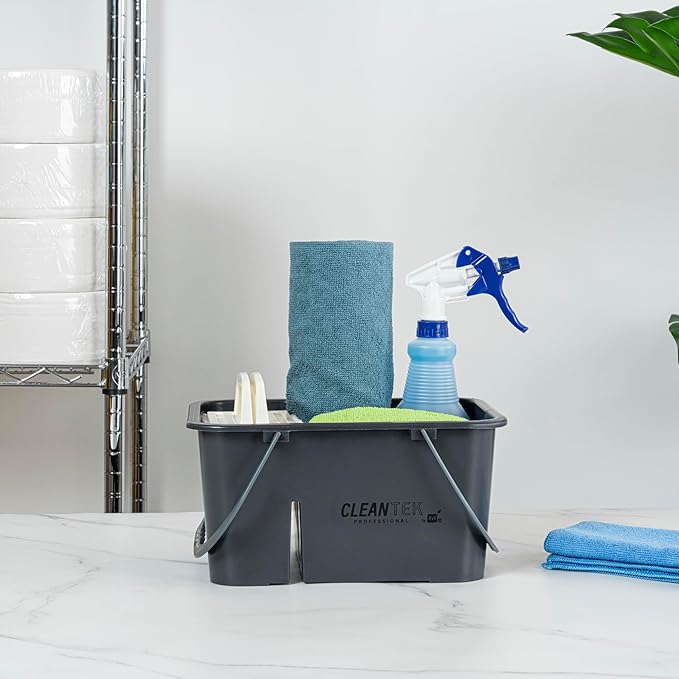 Restaurantware-Clean Tek Professional Cleaning Caddy, 1 Cleaning Supply Caddy With Handle - 4 Compartment, Multipurpose, Gray Plastic, All-Purpose, For Bathroom, Bedroom, Kitchen, Or Garden