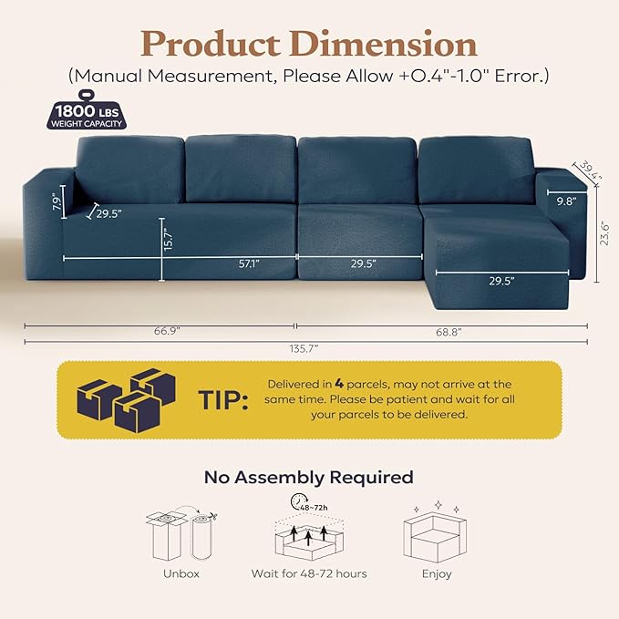 Furnify 136" Modular Sectional Couch Left/Right Facing Convertible, L-Shape Modern Teddy Sofa, Deep Seat Upholstered Foam Couch for Living Room Bedroom, No Assembly Required (Blue, Teddy Boucle)