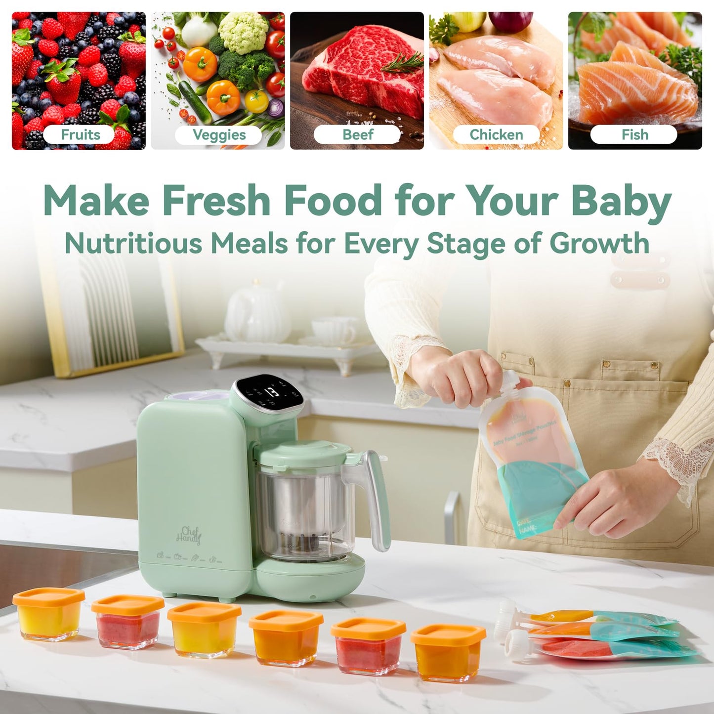 Chefhandy Baby Food Maker with Stainless Steel Steam Basket, One Step 5-in-1 Baby Food Processor Steamer Blender & Steam Cleaning, Auto Cooking, Puree & Baby Warmer with 6 Food Pouches, BPA-Free,Green