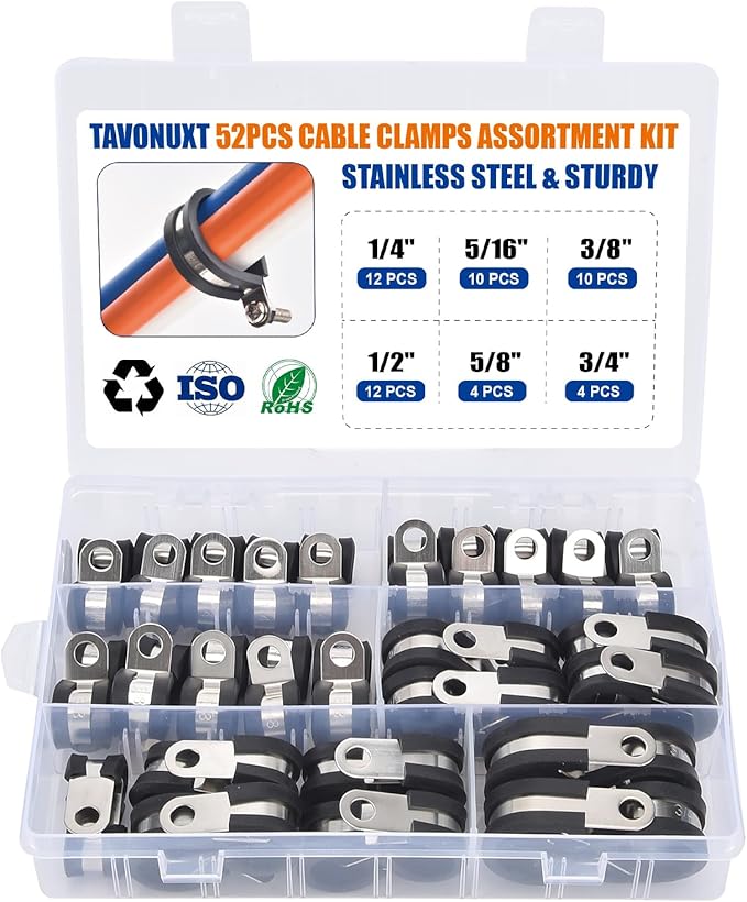 52PCS Cable Clamps Assortment Kit, 6 Sizes (1/4" to 3/4") Stainless Steel Rubber-Coated Cushioned Clamps, Insulated Pipe & Wire Holder for Automotive, Fuel Line, Hose, Tube