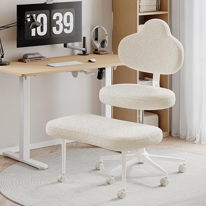 Cross Legged Office Chair with Wheels for ADHD, Ergonomic 360° Swivel Height-Adjustable Meditation Chair for Yoga, Kneeling Chair with 4 inch seat Cushion and Lumbar Support, Teddy Fabric, Off White