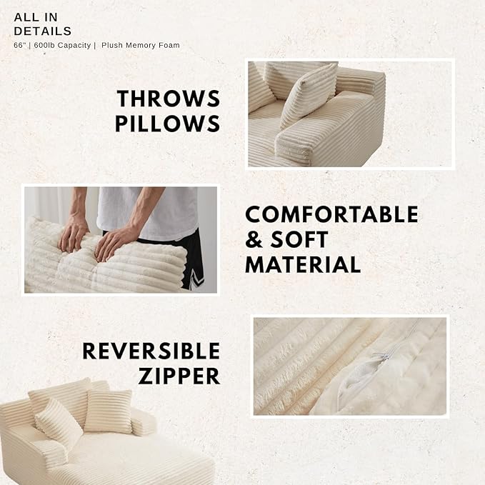 Alpen 66" Oversized Chaise Lounge, Boneless Couch Indoor, Corduroy Couch Boneless Sofa Chair for Reading with Wide Armrest and 3 Throw Pillows, No Assembly Required, Milky White
