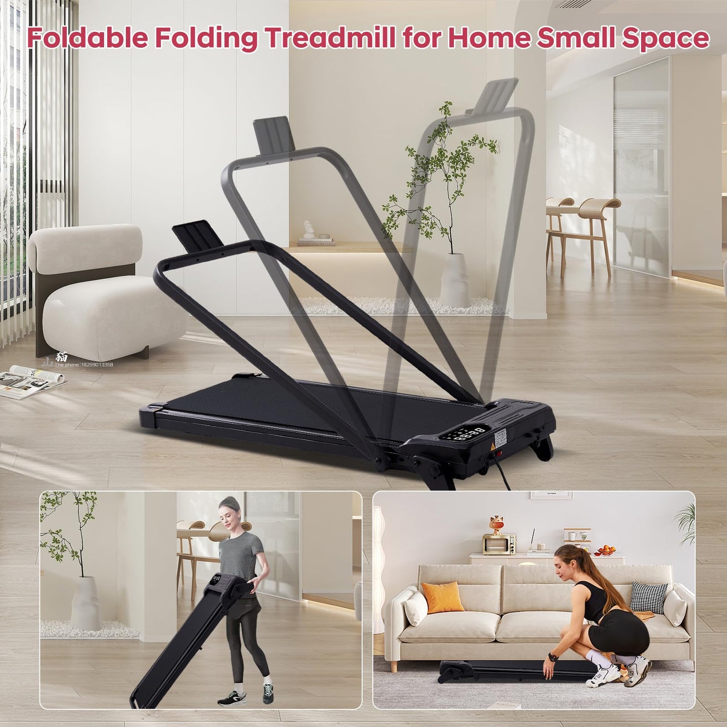 Foldable Walking Pad Treadmill with Adjustable Incline and Handle Bar, 3.5HP Portable Folding Treadmills for Home Small, 4 in 1 Under The Desk Electric Treadmill with Handles, 0.6-7.6MPH, 350LBS