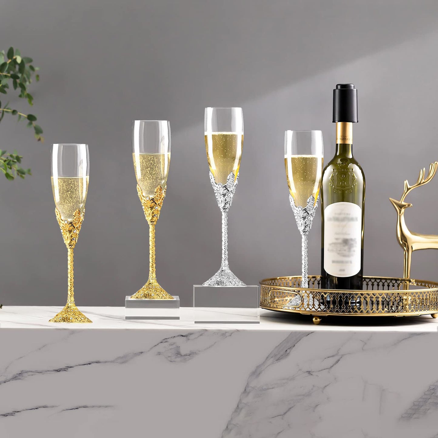 Jozen Gift Champagne Flutes-Set of 2 Champagne glasses, Crystal Glasses&Metal Base, Toasting Flute Pair, Wedding Anniversary, Party,Birthday,Banquets,Gifts for Bride and Groom 6 oz-Gold