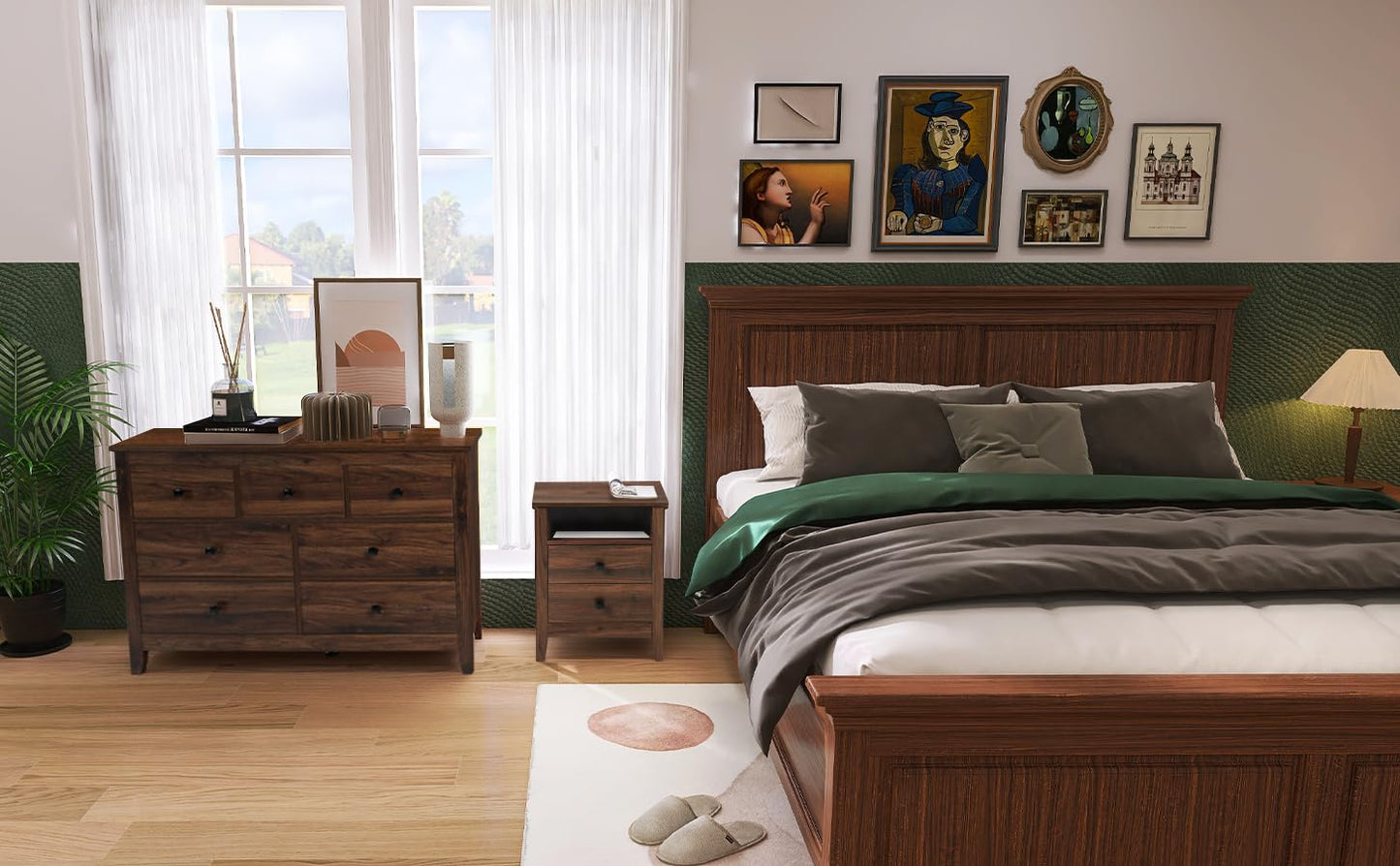 Vikiullf Dresser and Nightstand Set - 3 Pieces Bedroom Set with 7 Drawer Dresser and 2 Drawer Nightstands, Wooden Dresser and Nightstands for Bedroom, Brwon Wood Grain