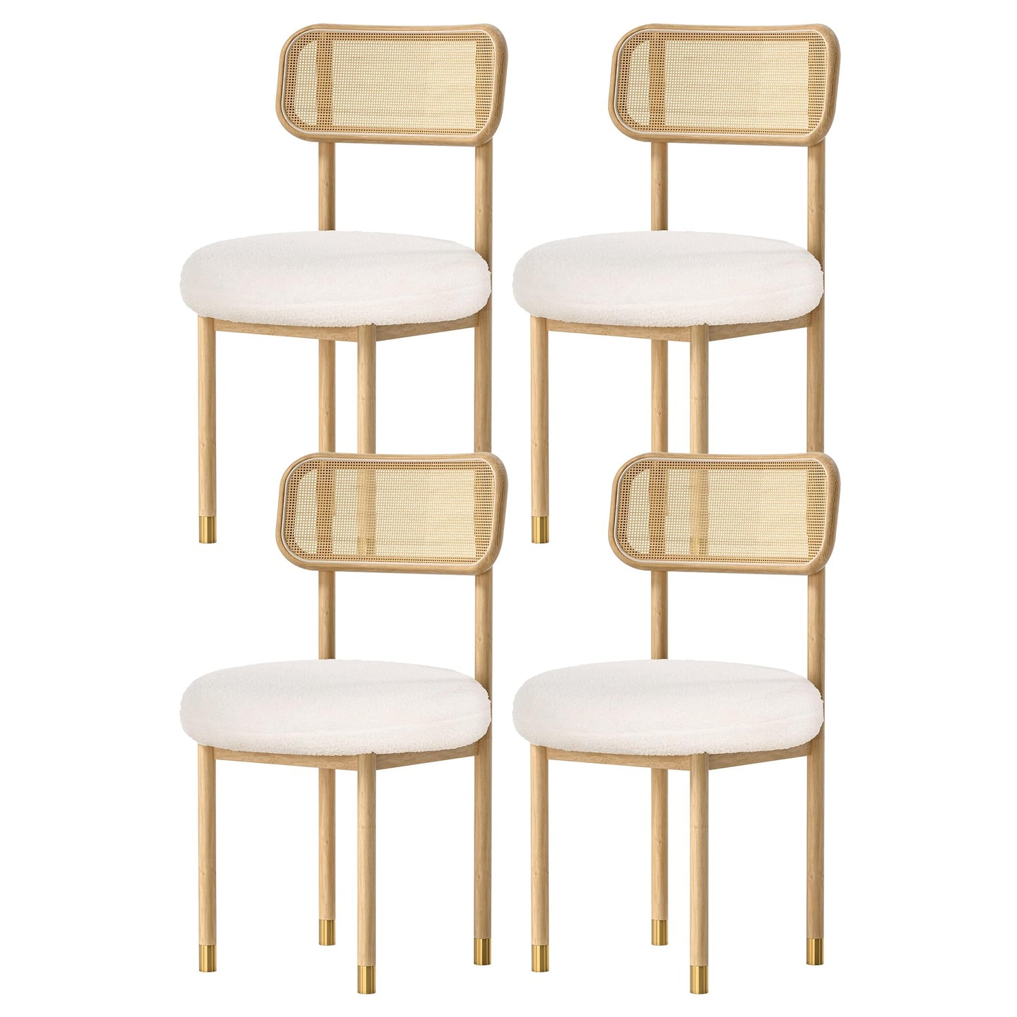 HoeuThien Upholstered Rattan Dining Chairs Set of 4, Mid Century Modern Kitchen Chairs with Curved Back and Solid Wood Legs Armless Accent Chair for Living Room Bedroom, Natural Oak/White Boucle