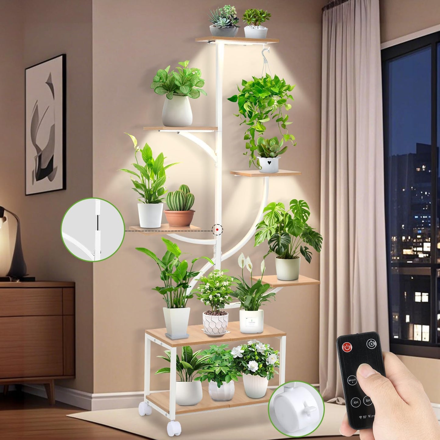 Bornerwhite Plant Stand Indoor with Grow Light, 7 Tiered Plant Shelf with Wheels, 61" Tall Metal Built-in Light Stand for Indoor Plants Display Rack for Living Room Corner Patio Balcony Garden (White)