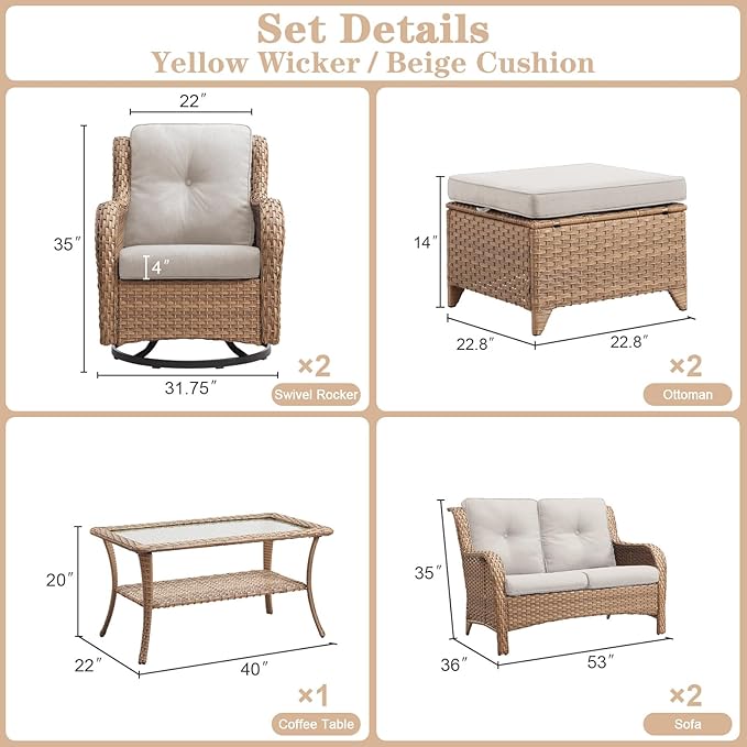 Belord Wicker Outdoor Furniture Patio Furniture Set - 6 Piece Patio Conversation Set with Swivel Rocker Chairs, Loveseat Sofa, Ottomans and Coffee Table, Beige Cushion