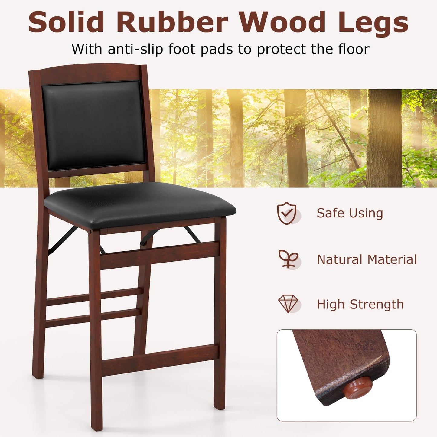 Giantex Folding Counter Height Bar Stools Set of 2, 24.5" Farmhouse Barstools w/Padded Back & Seat, Footrest, Rubber Wood Legs, No Assembly Needed, Upholstered Bar Dining Chairs for Kitchen Island