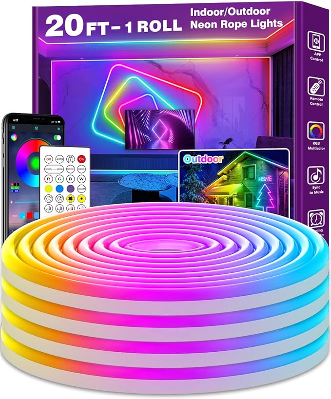 AILBTON 20Ft Neon Rope Lights,Flexible Led Rope Lights Control with App/Remote,Multiple Modes Music Sync Gaming RGB Led Ne...