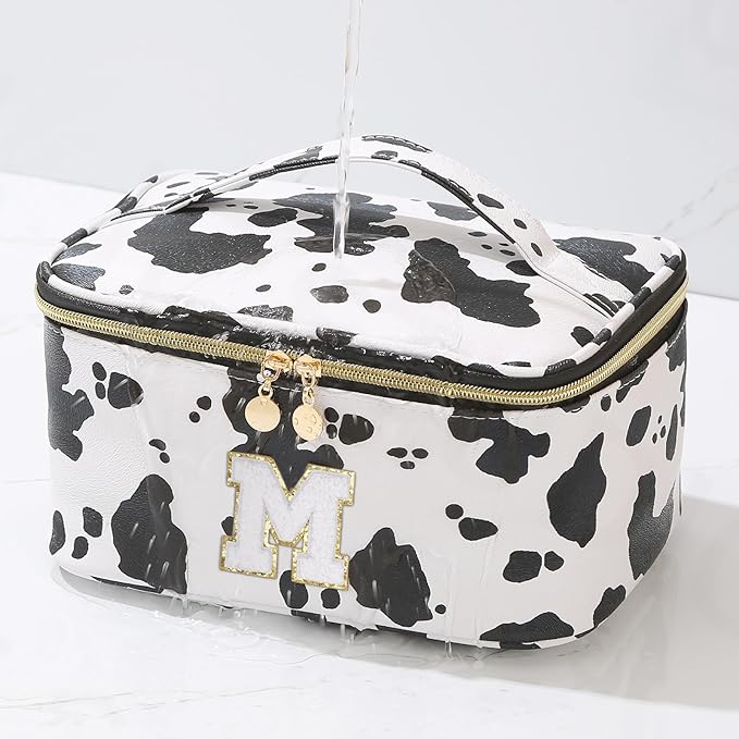 Meiyuuo Makeup Bag Large Cosmetic Bags for Women Girls Cute Travel Zipper Pouch Toiletry Organizer for Beauty Essentials Waterproof (Cow Print Initial Letter M)