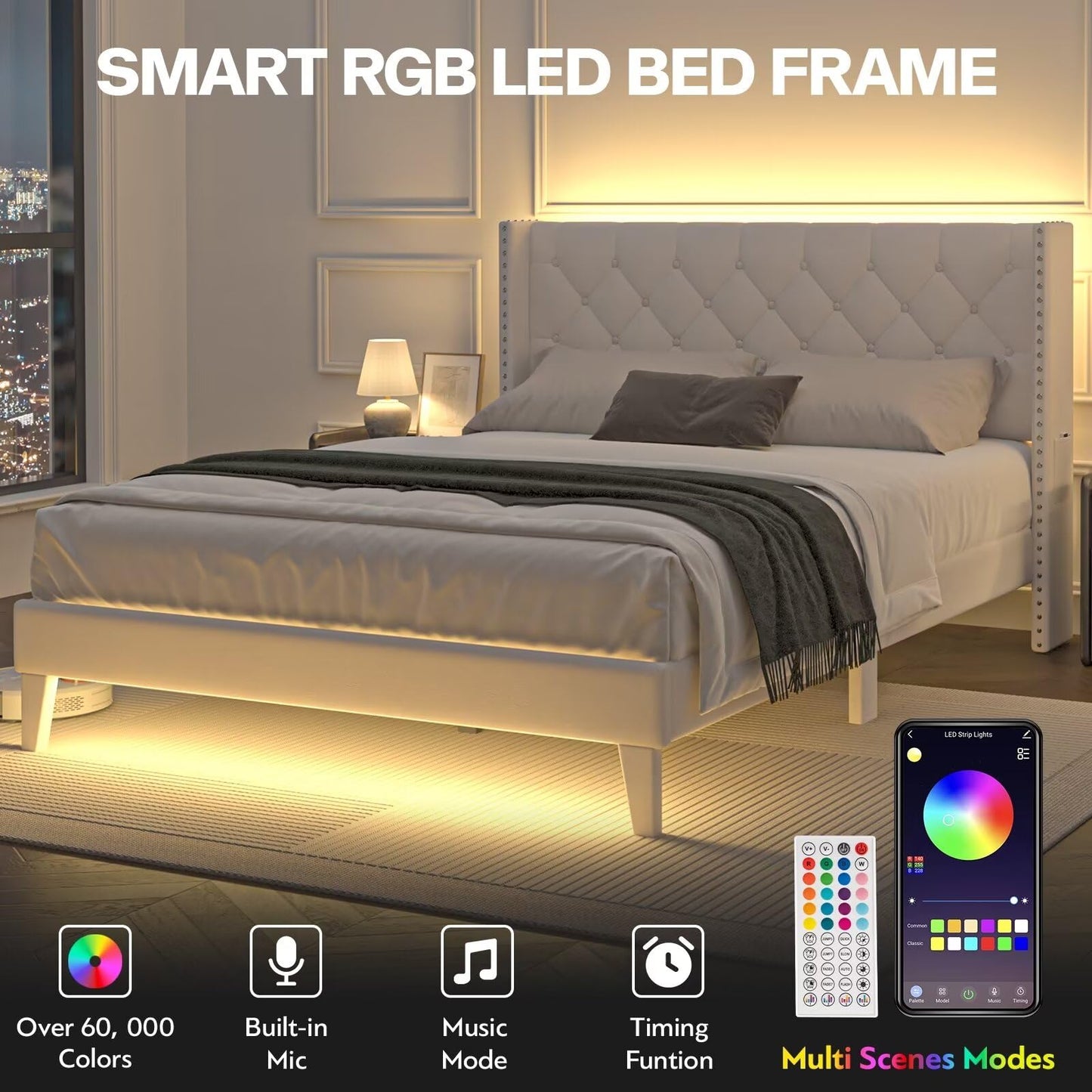 Lihimte Full Size Bed Frame with Led Lights, Upholstered Velvet Platform Bed Frames with Button Tufted Wingback Headboard and Footboard, Wooden Slats Support, No Box Spring Needed, Beige