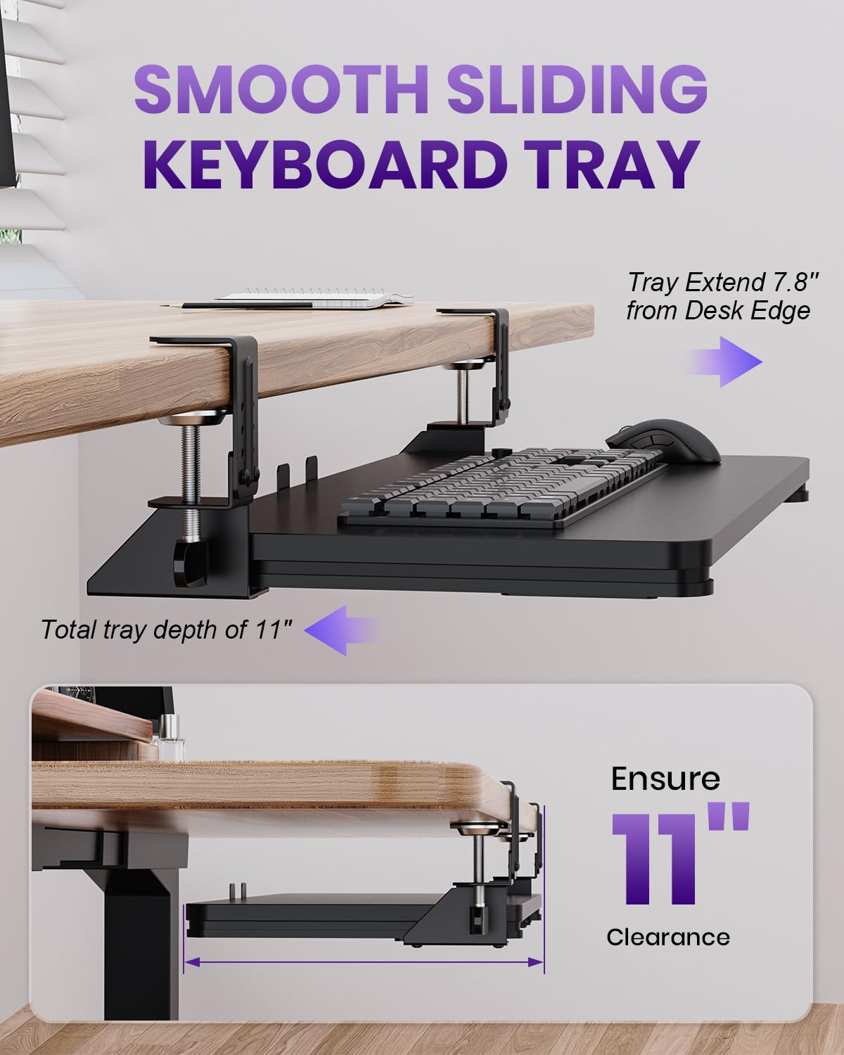 Zontera Ergonomic Mouse & Keyboard Tray Under Desk, Pull Out with Adjustable C-clamp, 20 x 11.8 Inch Slide Out Computer Keyboard Drawer Mouse Tray for Typing, Black