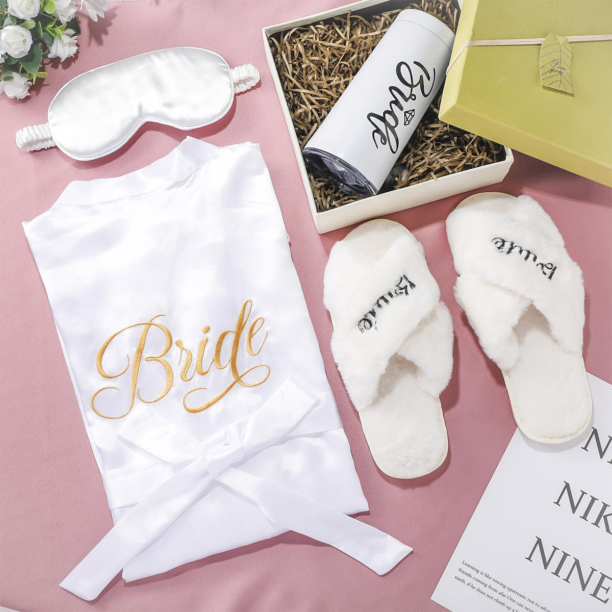 Handepo 5 Pcs Bridal Shower Robe Gifts Bride Gift Set with Sleeping Eye Mask Slippers for Wedding Party Bridesmaids(Bride)