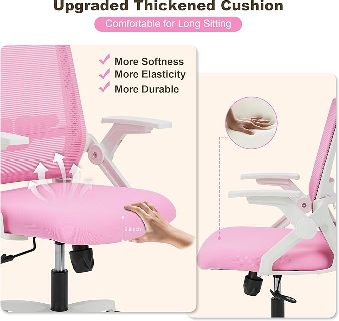 Msdizuo Ergonomic Office Chair Desk Chair with Adjustable Height Mesh Computer Chair Swivel Chair with Flip-up Arms and Lumbar Support Pink
