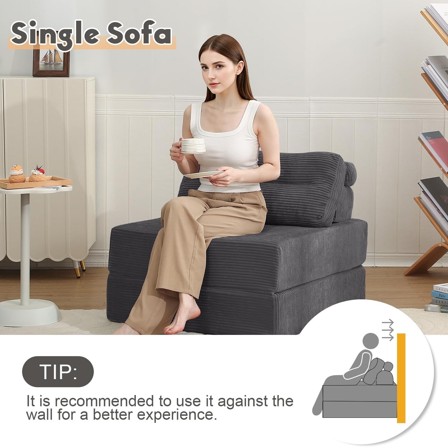 MeMoreCool Convertible Sofa Bed Folding Bed Chair, Boneless Sleeper Chair with Pillow, Fold Out Couch Lazy Floor Futon Lounger for Guest Small Space, Portable Foldable Mattress Couch Single, Grey