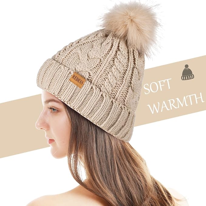 REDESS Women Winter Pompom Beanie Hat with Warm Fleece Lined, Thick Slouchy Snow Knit Skull Ski Cap