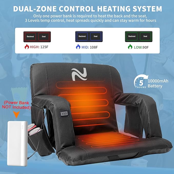 NAIZEA Wide Heated Stadium Seat for Bleachers w/Back Support & Cushion, Portable Bleacher Seats Foldable Stadium Chair with Armrests for Sports Events, Outdoor, Camping, Hiking-No Power Bank