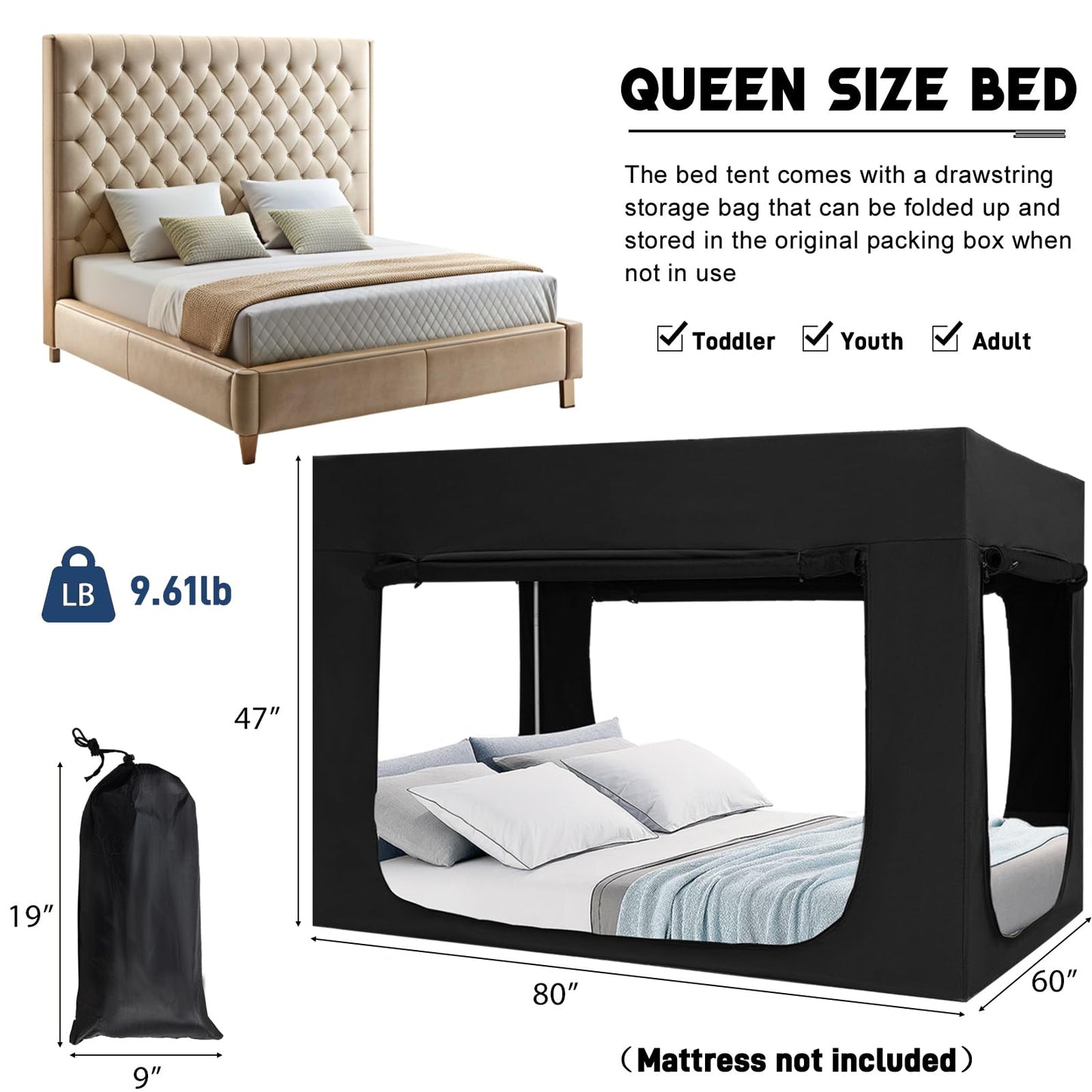 Quinnsus Bed Tent Bed Canopy Queen Size Tents for Adult and Kids - Portable Sleeping Bed Tents 80% Blackout with 4 Doors Breathable Private Space Tents(Mattress Not Included)