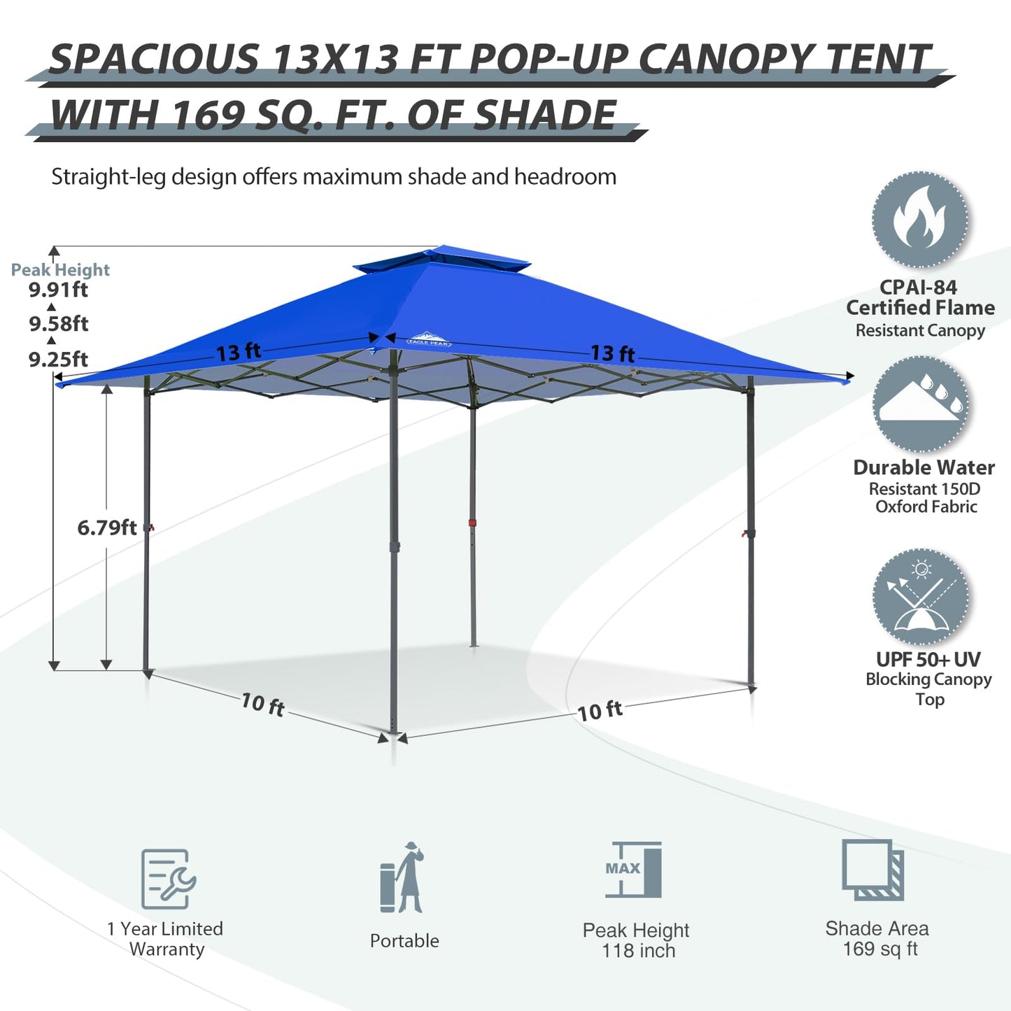 EAGLE PEAK 13x13 Straight Leg Pop Up Canopy Tent Instant Outdoor Canopy Easy Single Person Set up Folding Shelter w/Auto Extending Eaves 169 Square Feet of Shade (Blue)