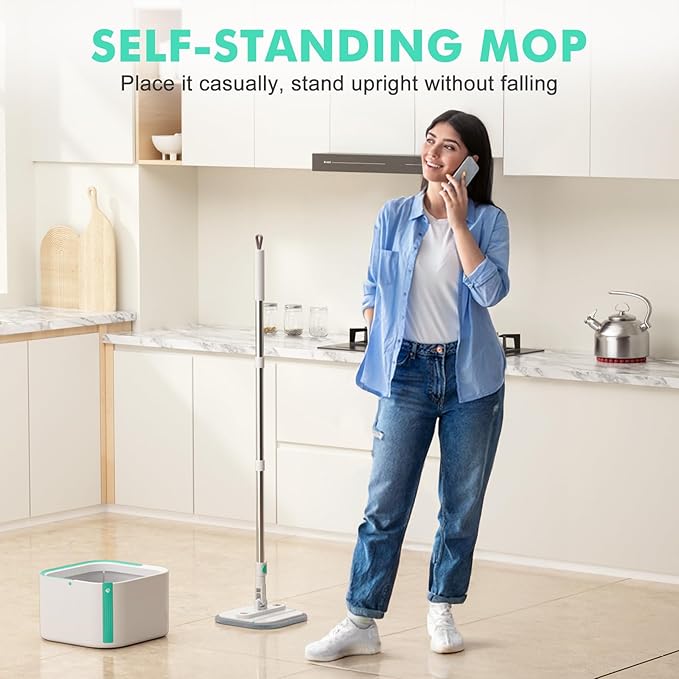 Upgraded Self-Standing Spin Mop and Bucket System, Detachable Inner Mop Bucket Separates Dirty Water & 90° Foldable Head, Triple-Scrub System, 0.9Gal Dual Drainage, for Hardwood Floors (Blue 2 Pads)