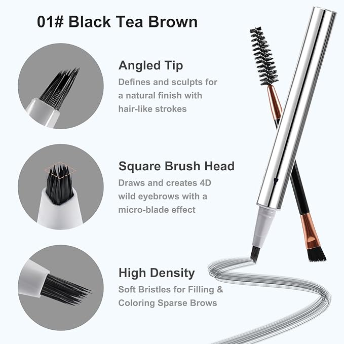 Boobeen 2PCS Wild Liquid Brow Pen, Microblading Natural Eyebrow Pencil with Spiral Brush, Ultra-Precise Tips for Hair-Like Makeup with Brush, Waterproof & Lasts All Day