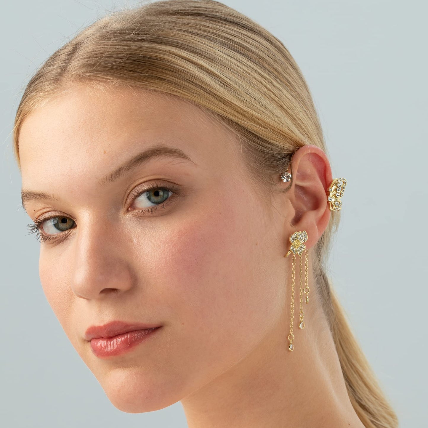 MelleFlarynsun 2Pcs Butterfly Tassel Style Zircon Earrings Ear Cuff for Women Gold Tassel Earrings Non Pierced Flower Wrap Around Ear Clips Fairy Earring Butterfly Dress Jewelry
