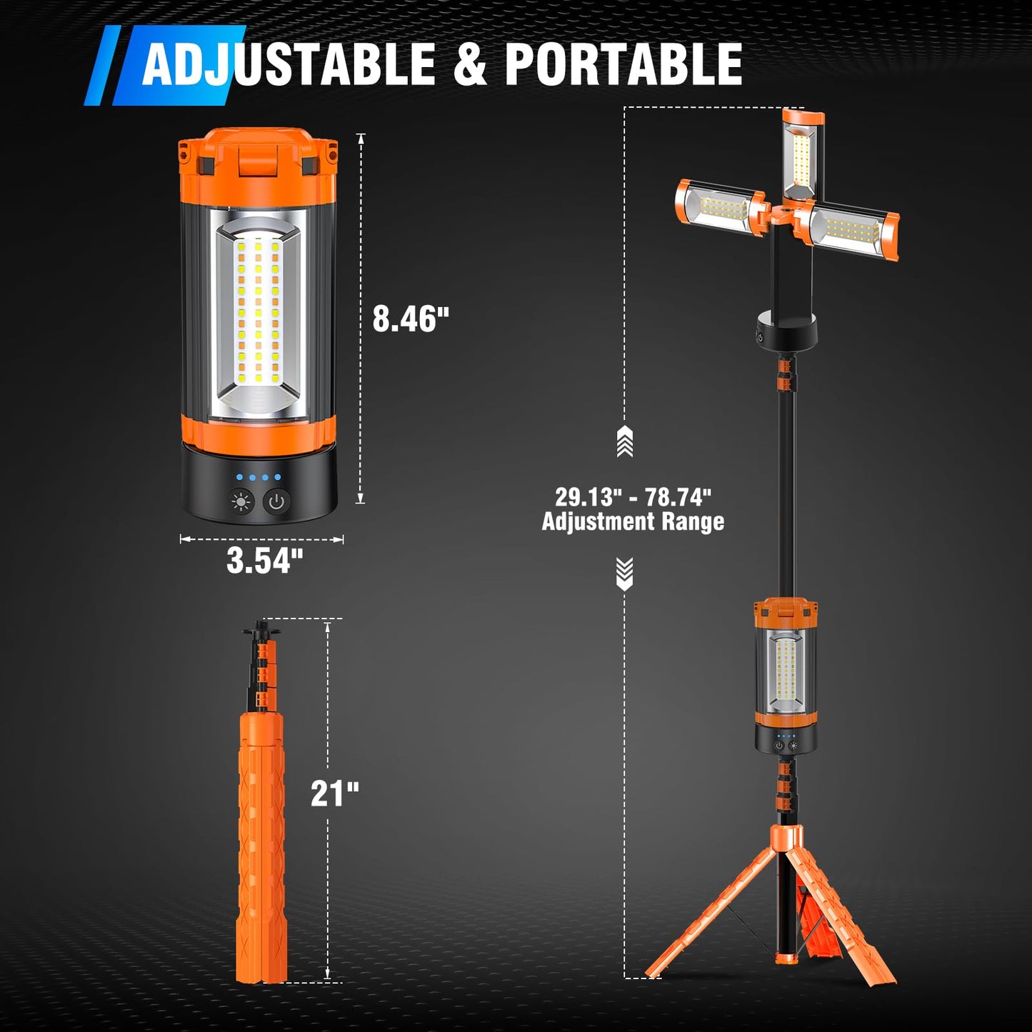 AKOFUN 12000mAh Camping Light with Stand, Rechargeable Work Light, 10000 Lumen Dimmable Cordless Work Light with 3 LED Lamp Heads, Magnetic Emergency Flashlight with 79" Detachable Tripod