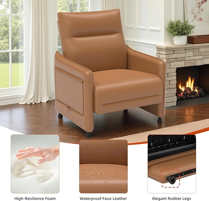 Tbillionnext 3-Piece Living Room Sofa Set, Faux Leather Loveseat & Accent Chairs Set of 2 with Hidden Foldable Tray & Side Pocket, Rear Contour Arm Design, Upholstered Sofa Set for Office, Brown