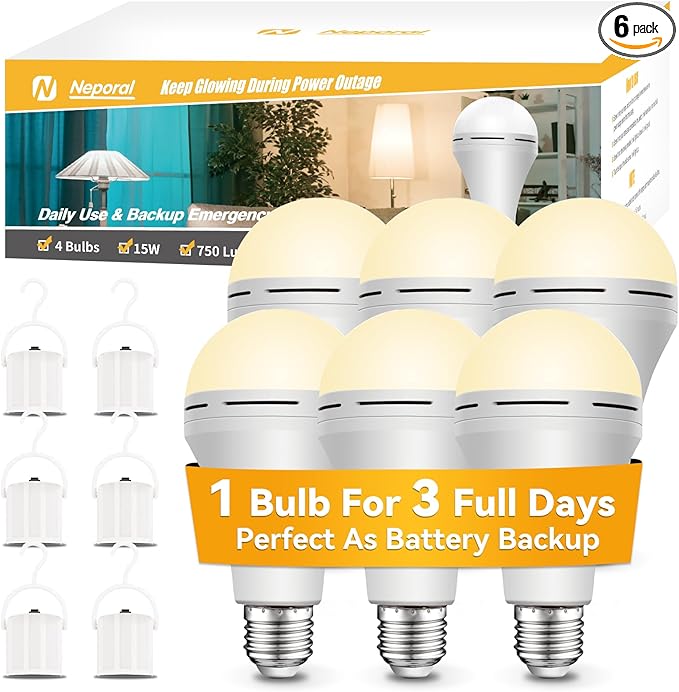 Neporal LITE PRO Battery Backup Light Bulbs, 2600mAh Rechargeable Light Bulbs, Perfect As Emergency Lights for Home Power Failure, Hurricane Prepareness Item, E26/E27