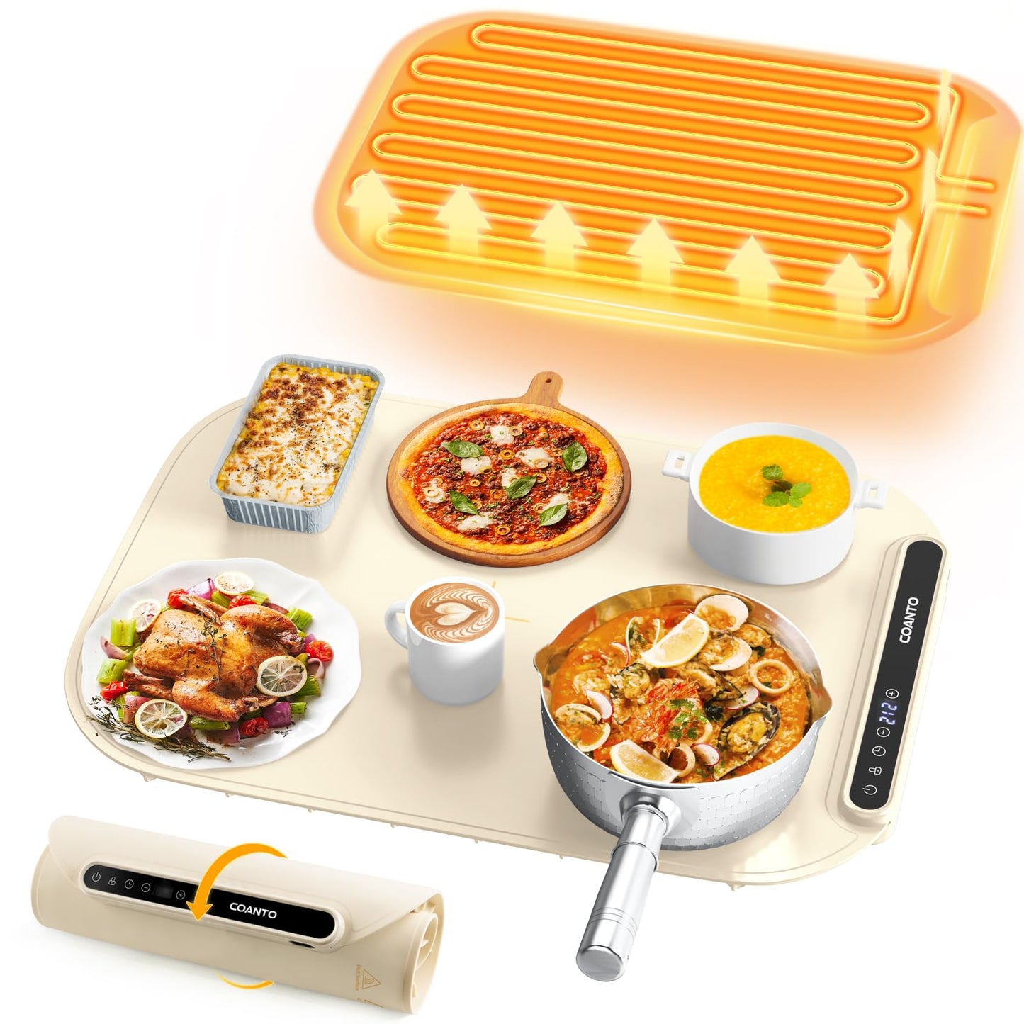 Coanto Food Warming Mat, Electric Warming Tray for Buffets & Parties, Silicone Heating Mat with 7 Temperature Settings, Roll-Up Storage, 17.91"x12.8", Beige