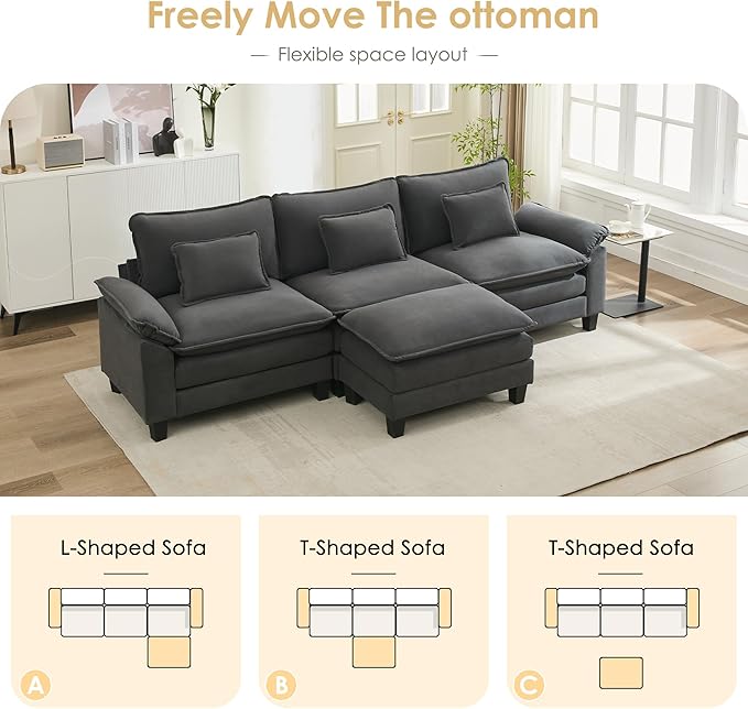 URRED Cloud Couch Modular Sectional Sofa, 122'' Modern L Shaped Deep Seat Sofa with Ottoman & Pillows, Ultra Comfy Velvet Couches for Living Room, Bedroom or Apartment, Dark Gray