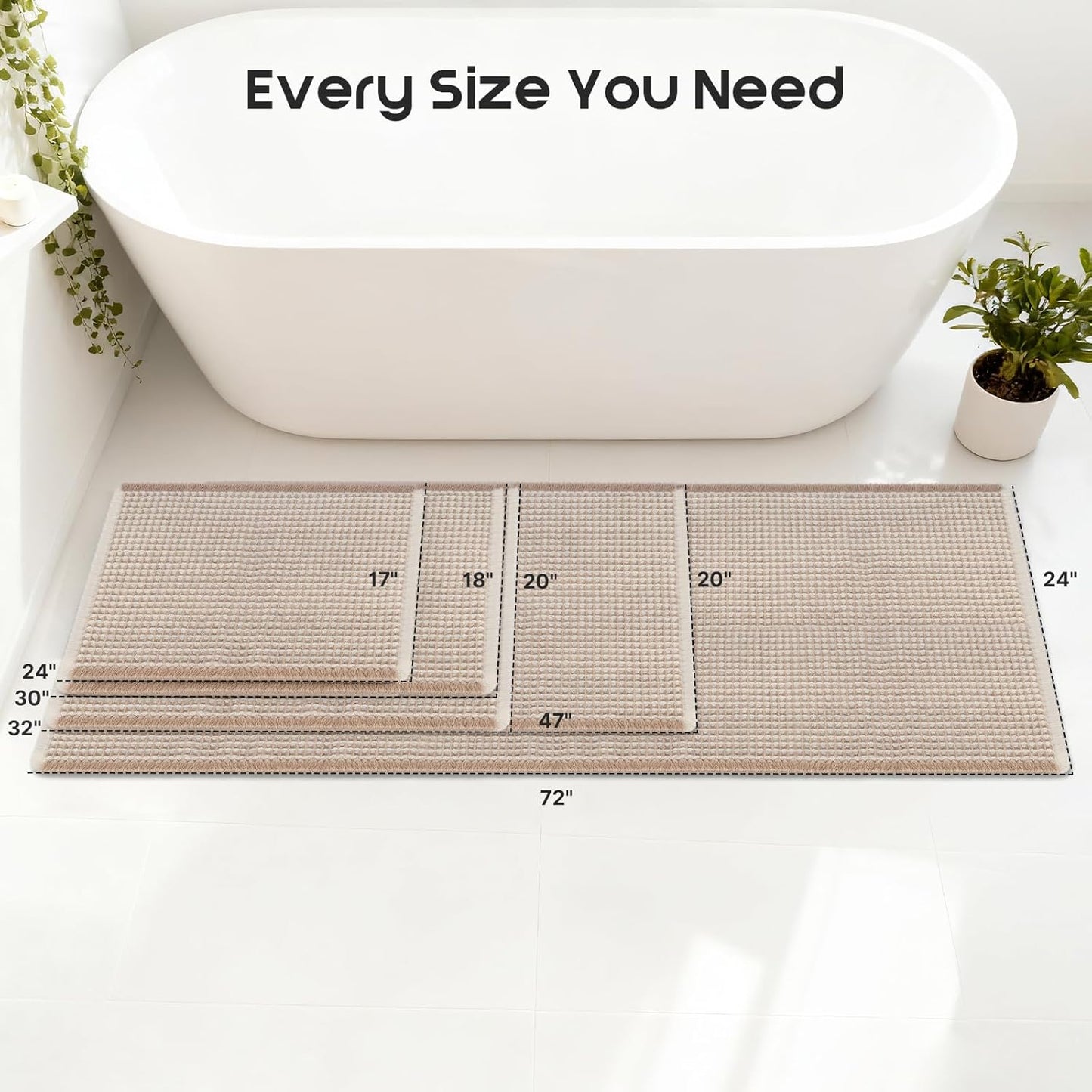 ArtyCozy Waffle Bath Mat Set of 2, Super Absorbent Soft Non-Slip Boho Bath Rugs with Flat-Woven Hot Glue Backing for Bathroom, Machine Washable Bath Mats, 20" × 32" Plus 17" × 24", Brown & White