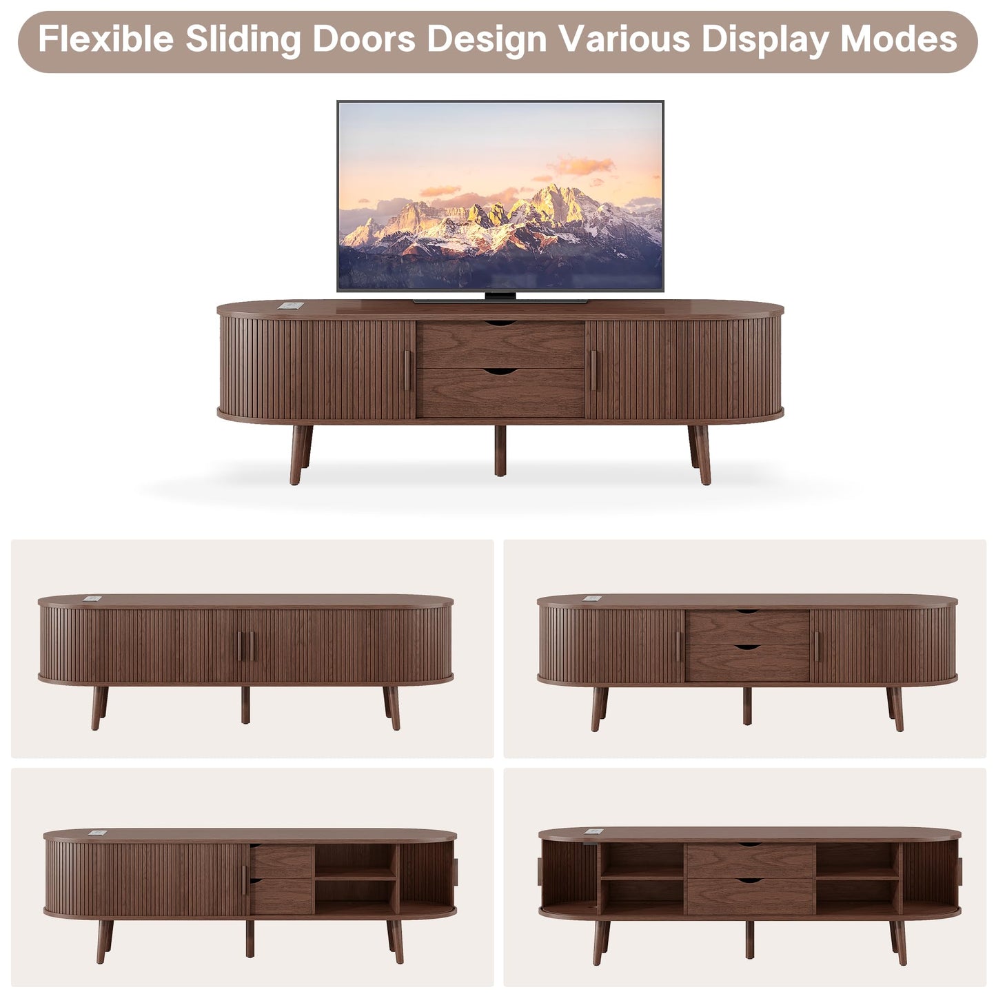 Alohappy 59" Mid Century Modern TV Stand with Charging Station, Curved Edge Fluted TV Media Console Table with Drawer and Shelf, Farmhouse Entertainment Center for Living Room, Bedroom, Walnut