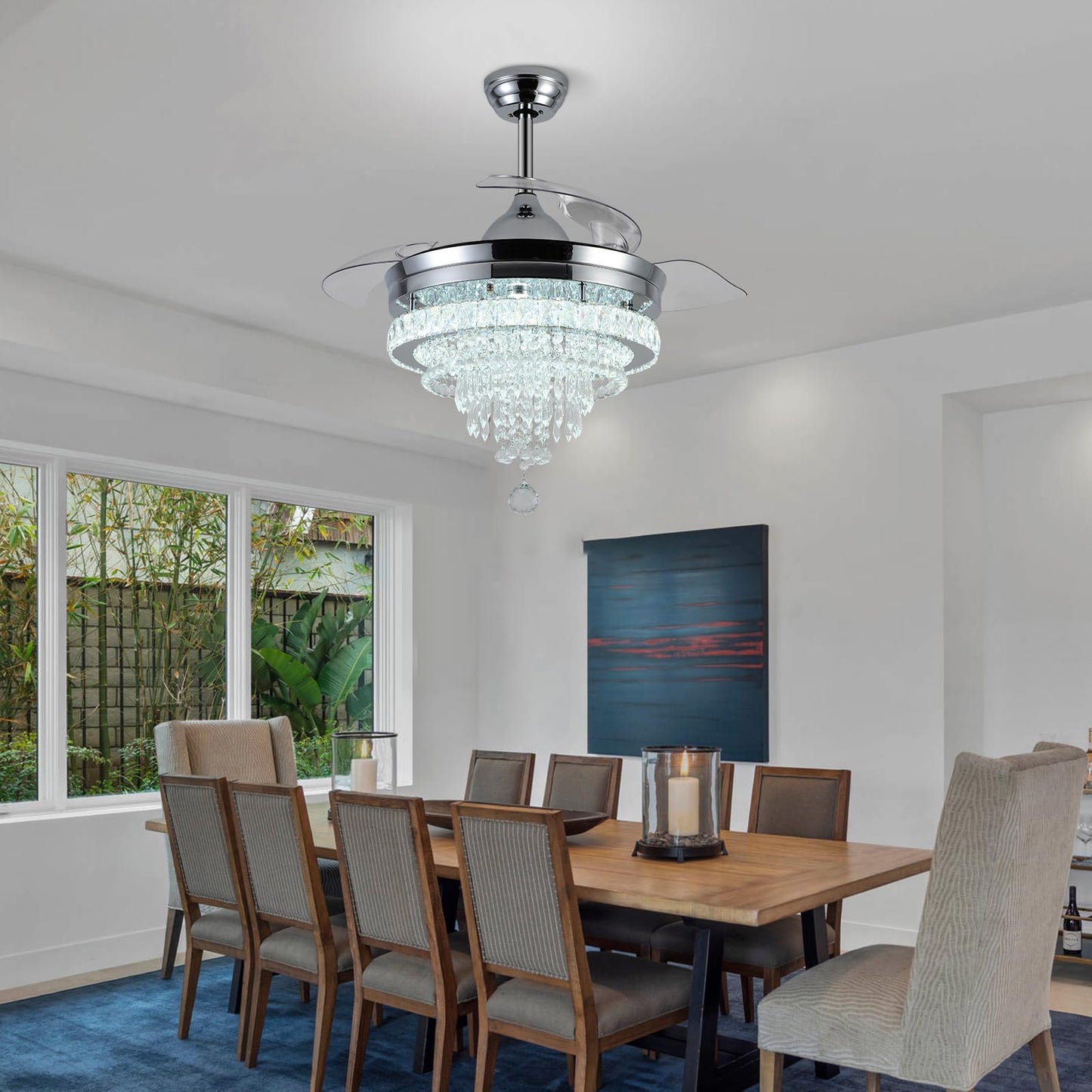 LEONTYNE 42" Modern Crystal Chandelier Ceiling Fan with Light & Remote,Dimmable LED Fandelier for Bedroom Living Room,3 Color Temperatures,6 Speeds,Retractable Blades,Timing & Memory Function